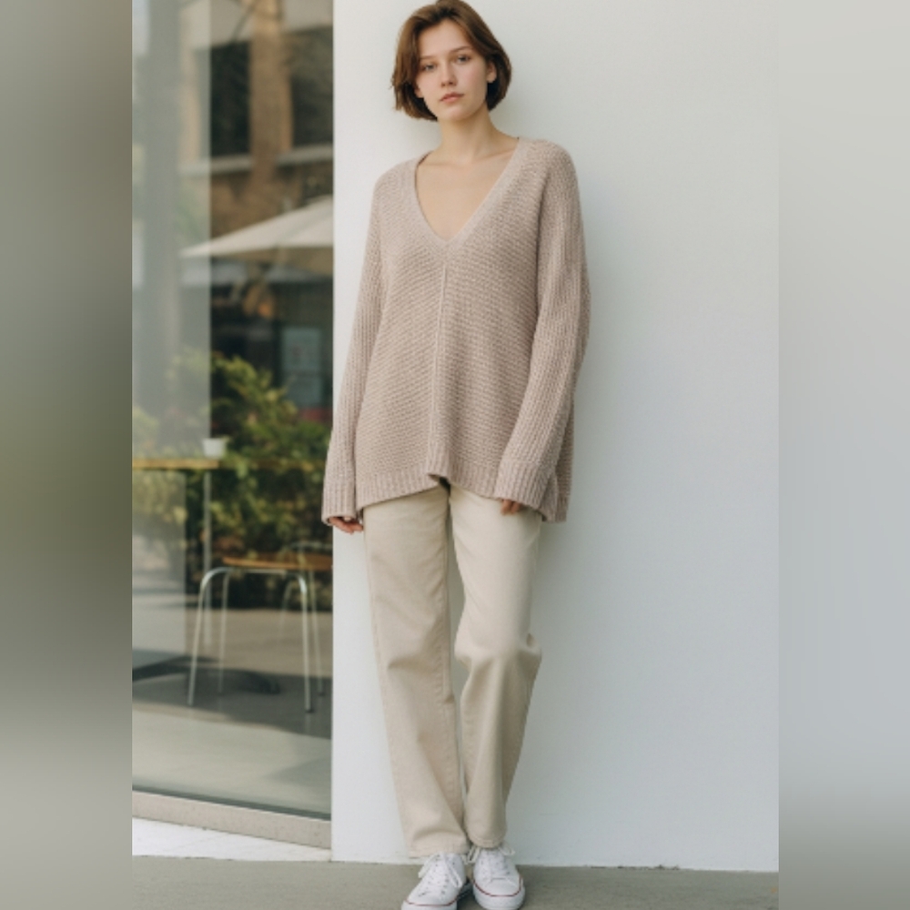 Free People V-neck waffle oversized knit sweater